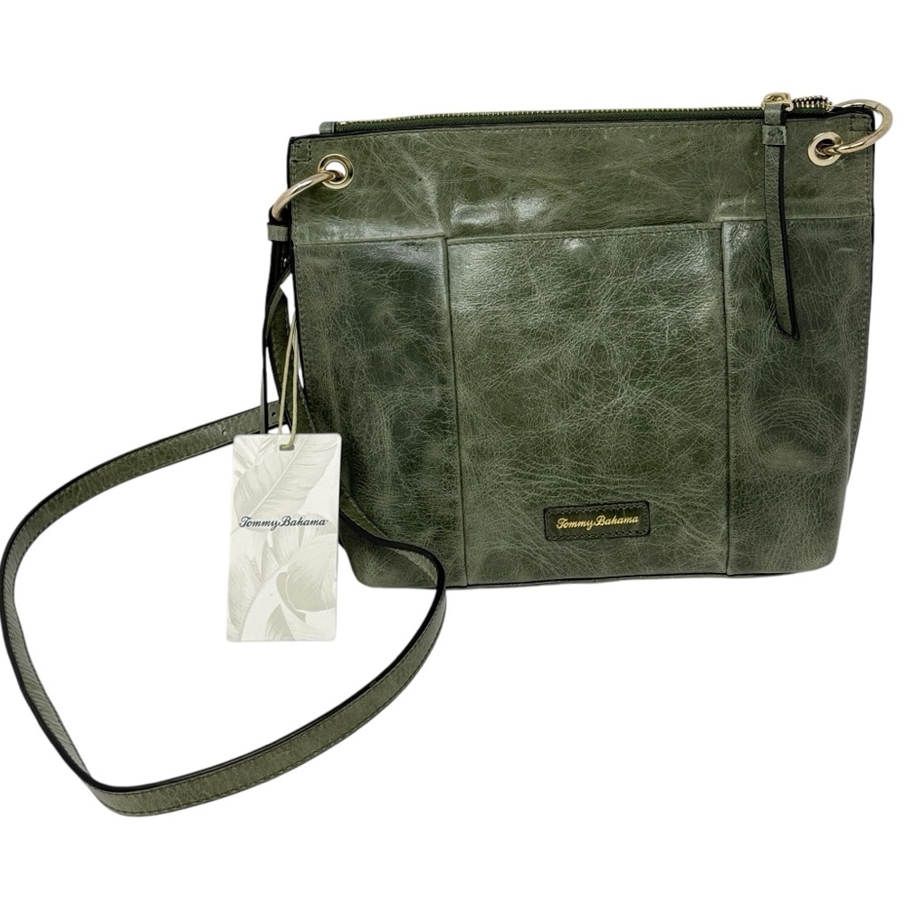 Tommy Bahama Green Leather Zip Crossbody Handbag Purse Beach Coastal Tropical
